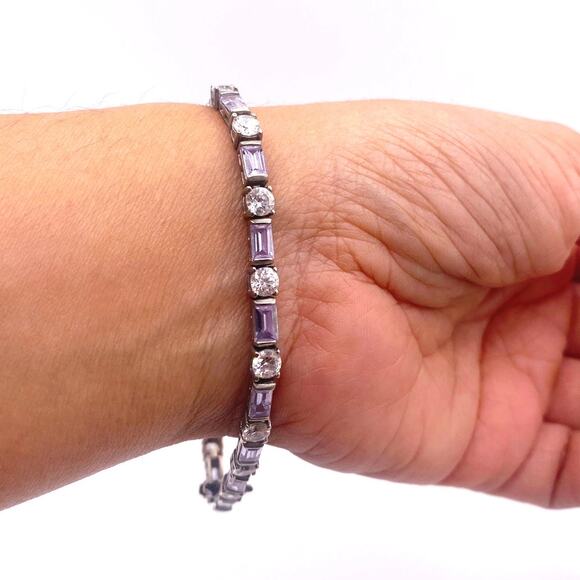 Vintage Sterling Silver Bracelet Round and Baguette Cubic Zirconia Crystals - Picture 1 of 7